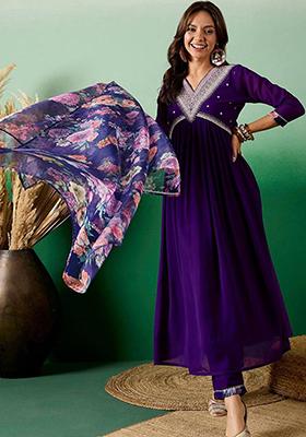 Purple Embroidered Georgette Kurta set