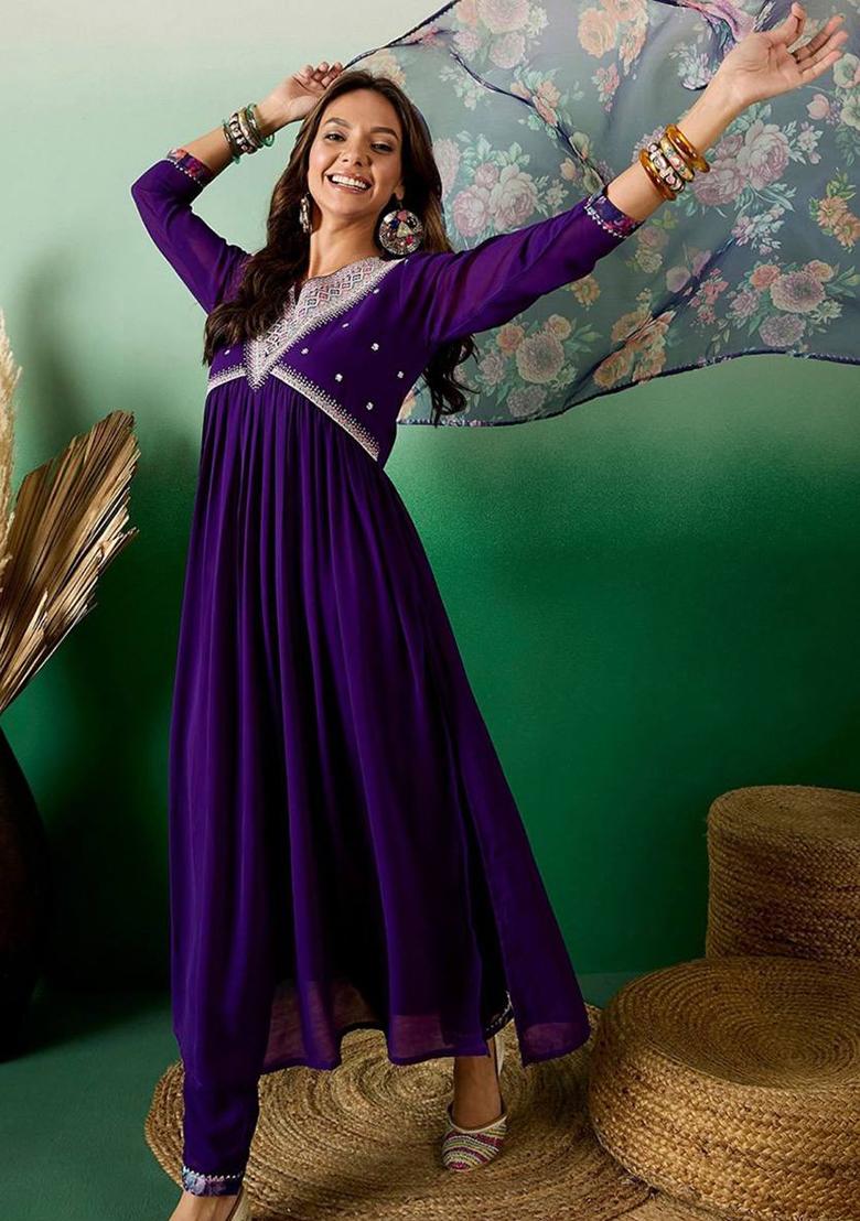Purple Embroidered Georgette Kurta set
