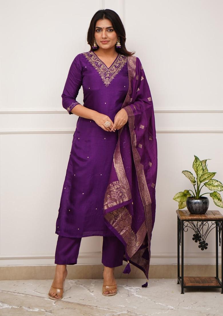 Purple Embroidered Viscose Kurta set