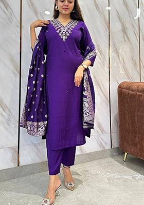 Purple Embroidered Viscose Kurta set