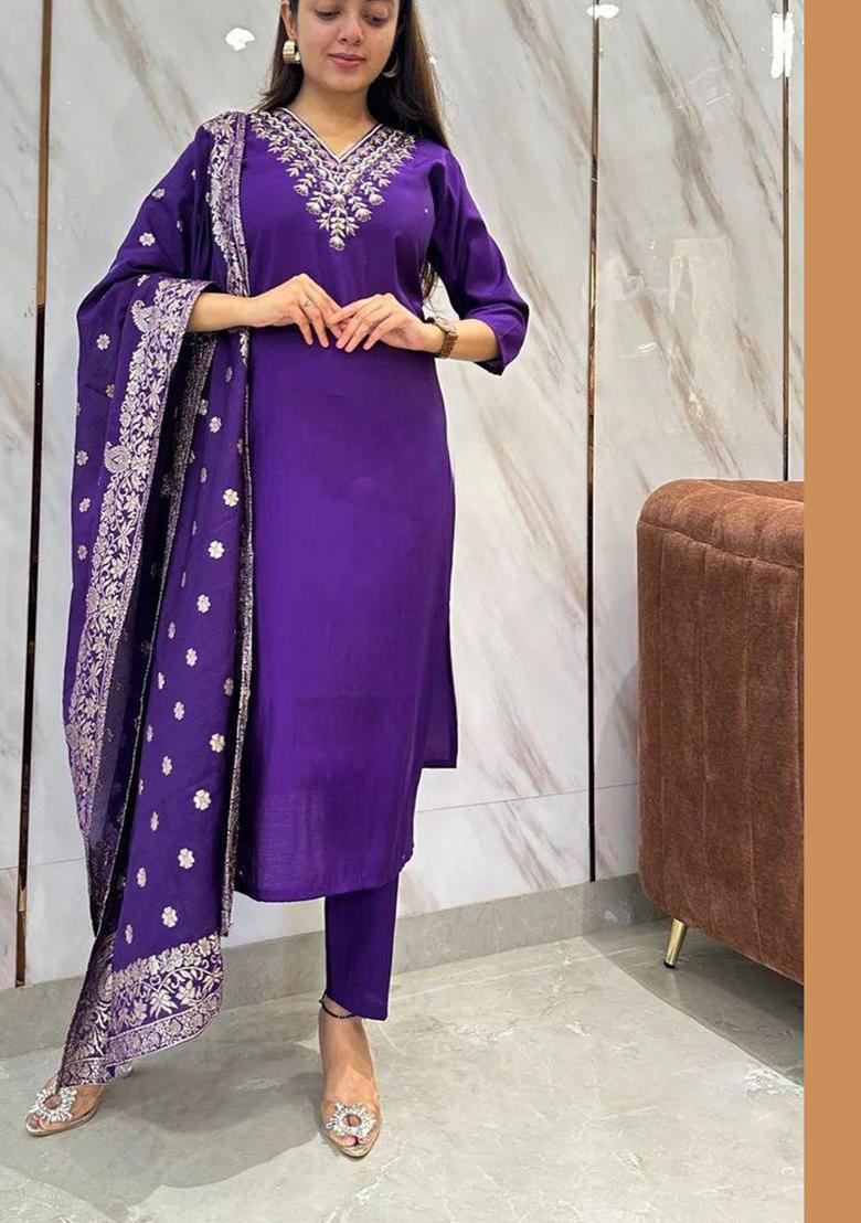 Purple Embroidered Viscose Kurta set