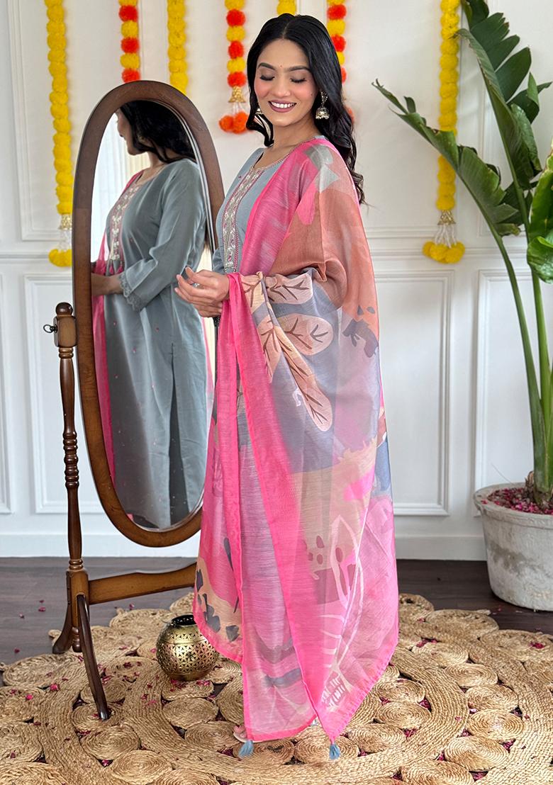 Sky Blue Embroidered Viscose Kurta set