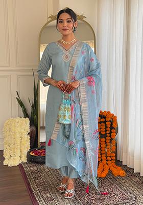 Light Blue Embroidered Silk Kurta set