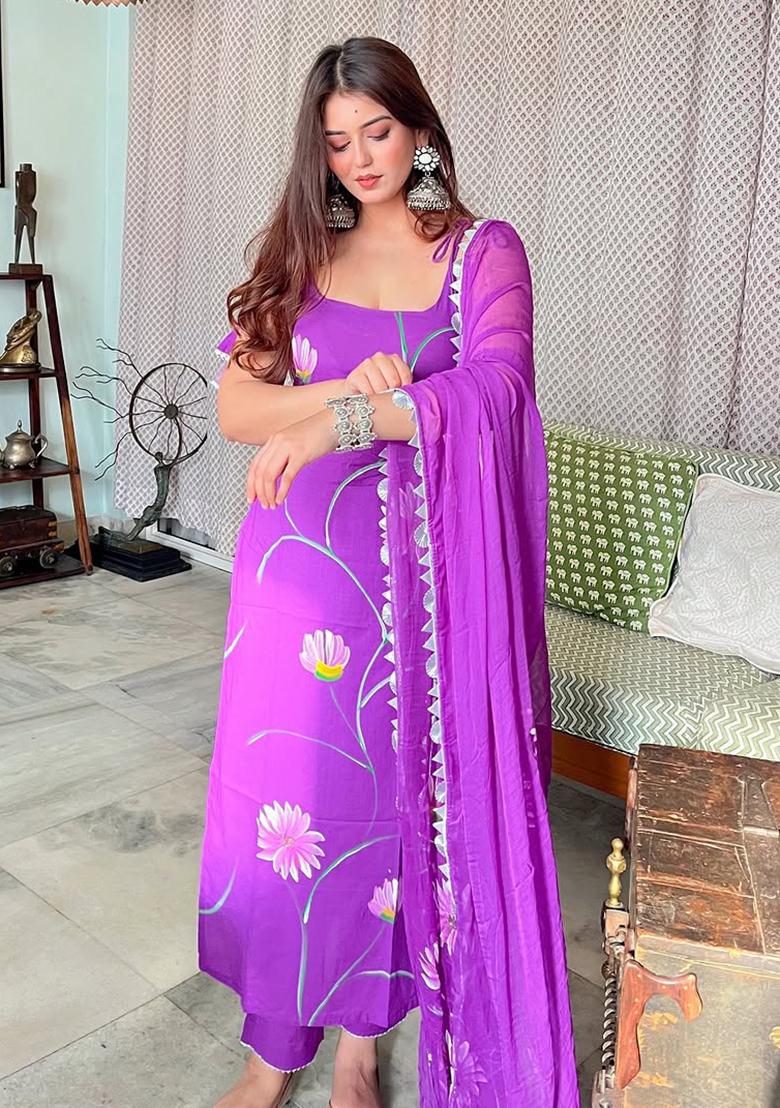 Purple Printed Viscose Kurta set