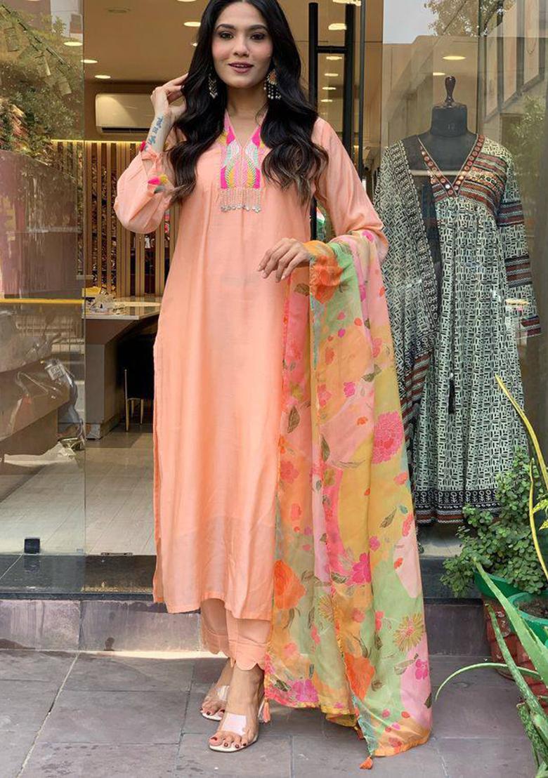 Peach Embroidered Rayon Kurta set