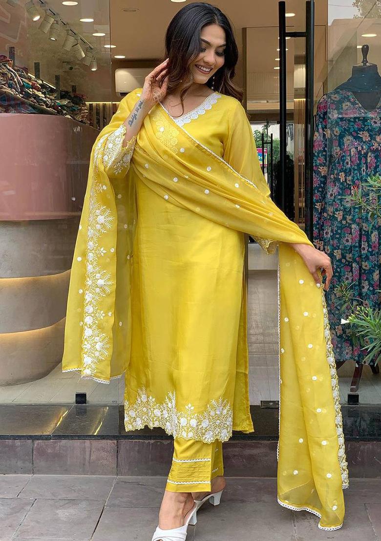 Yellow Embroidered Georgette Kurta set