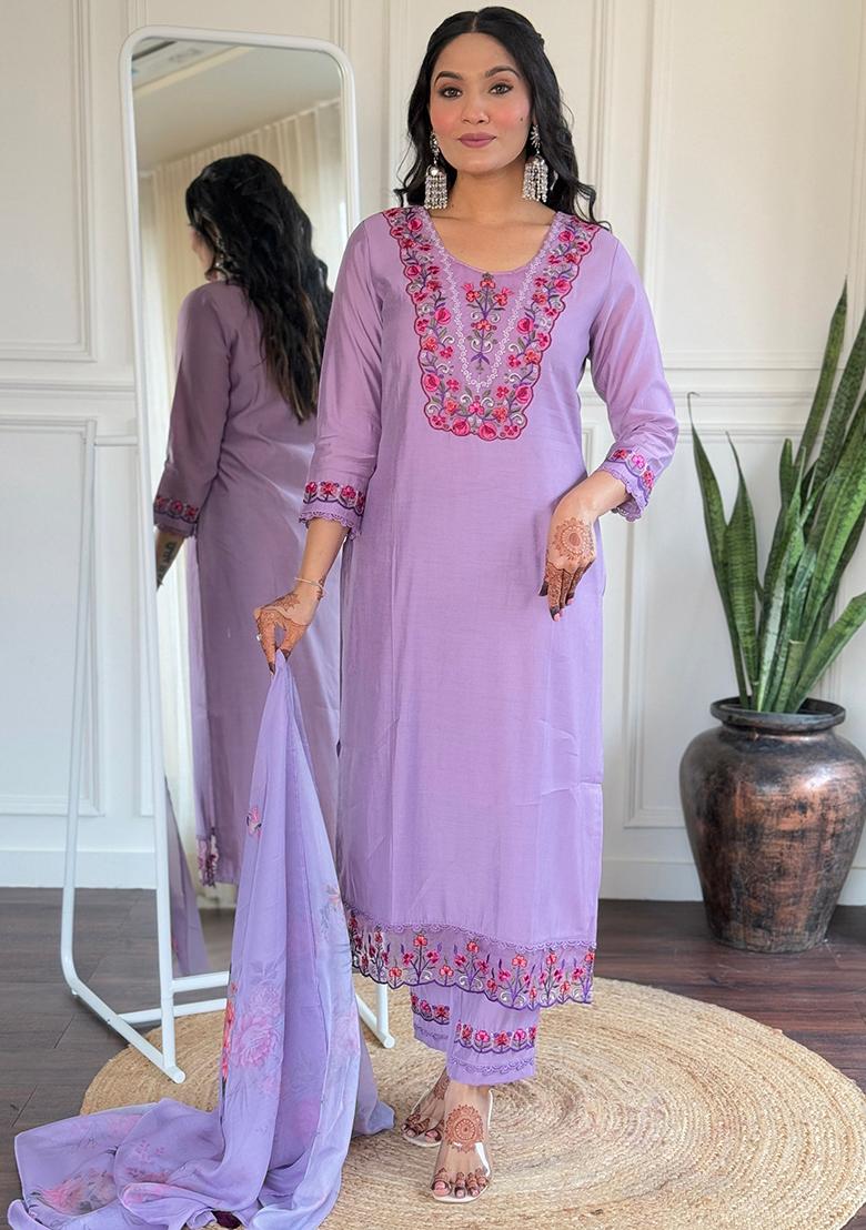 Lavender Embroidered Viscose Kurta set