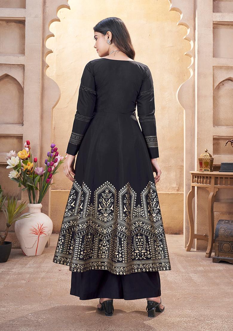 Black Foil Print Silk Kurta set