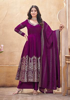 Purple Foil Print Silk Kurta set