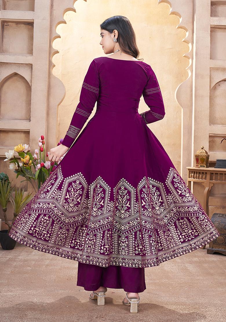 Purple Foil Print Silk Kurta set