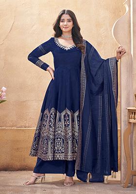 Navy Blue Foil Print Silk Kurta set
