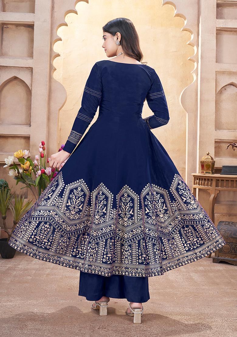 Navy Blue Foil Print Silk Kurta set