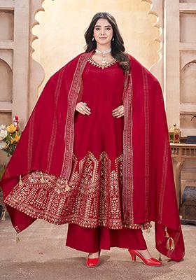 Red Foil Print Silk Kurta set