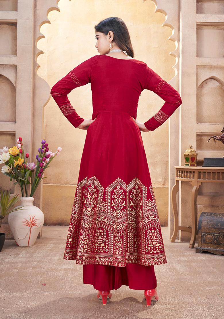 Red Foil Print Silk Kurta set