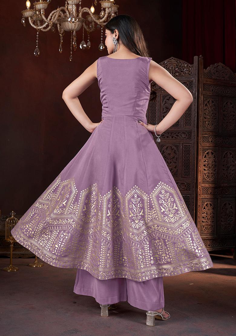 Lilac Foil Print Silk Kurta set