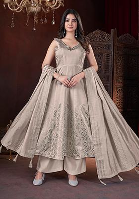 Beige Foil Print Silk Kurta set