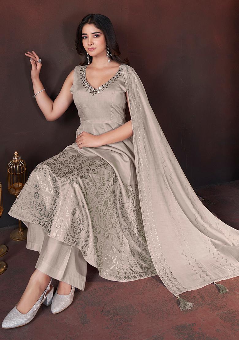 Beige Foil Print Silk Kurta set