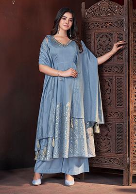 Sky Blue Foil Print Silk Kurta set