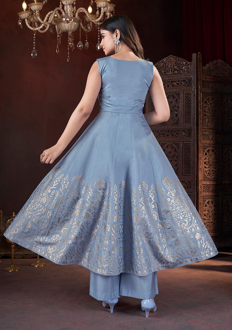 Sky Blue Foil Print Silk Kurta set