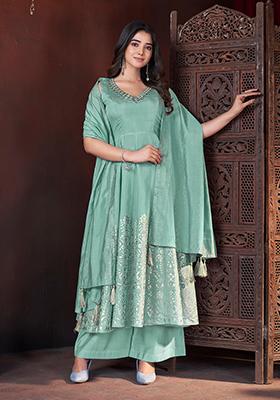 Turquoise Foil Print Silk Kurta set