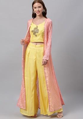 Yellow Embellished Poly Blend Jacket Set