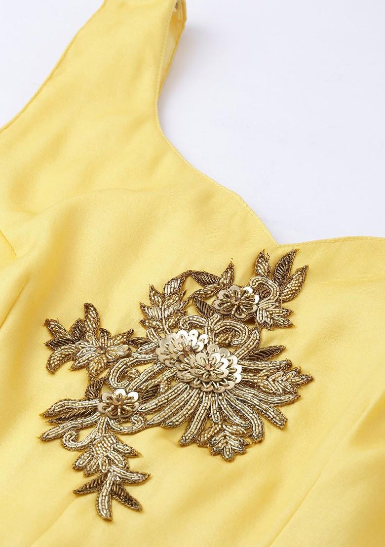 Yellow Embellished Poly Blend Jacket Set