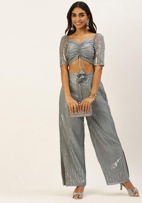 Grey Embellished Poly Blend Pants Set