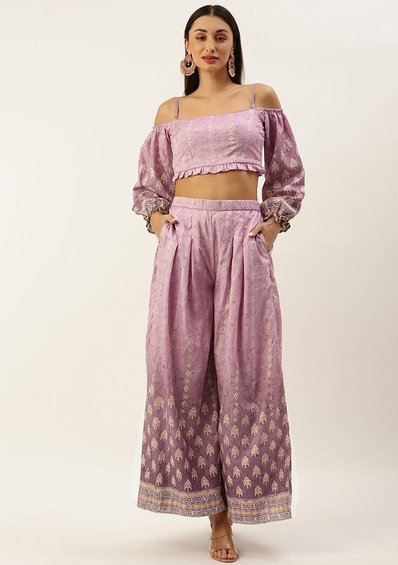 Mauve Ethnic Motifs Printed Poly Blend Palazzo Set