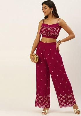Pink Embroidered Poly Blend Co-Ord Set