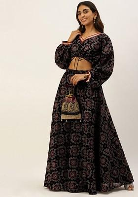 Black Printed Poly Blend Skirt Set