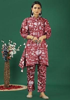 Maroon Printed Poly Blend Co-Ord Set