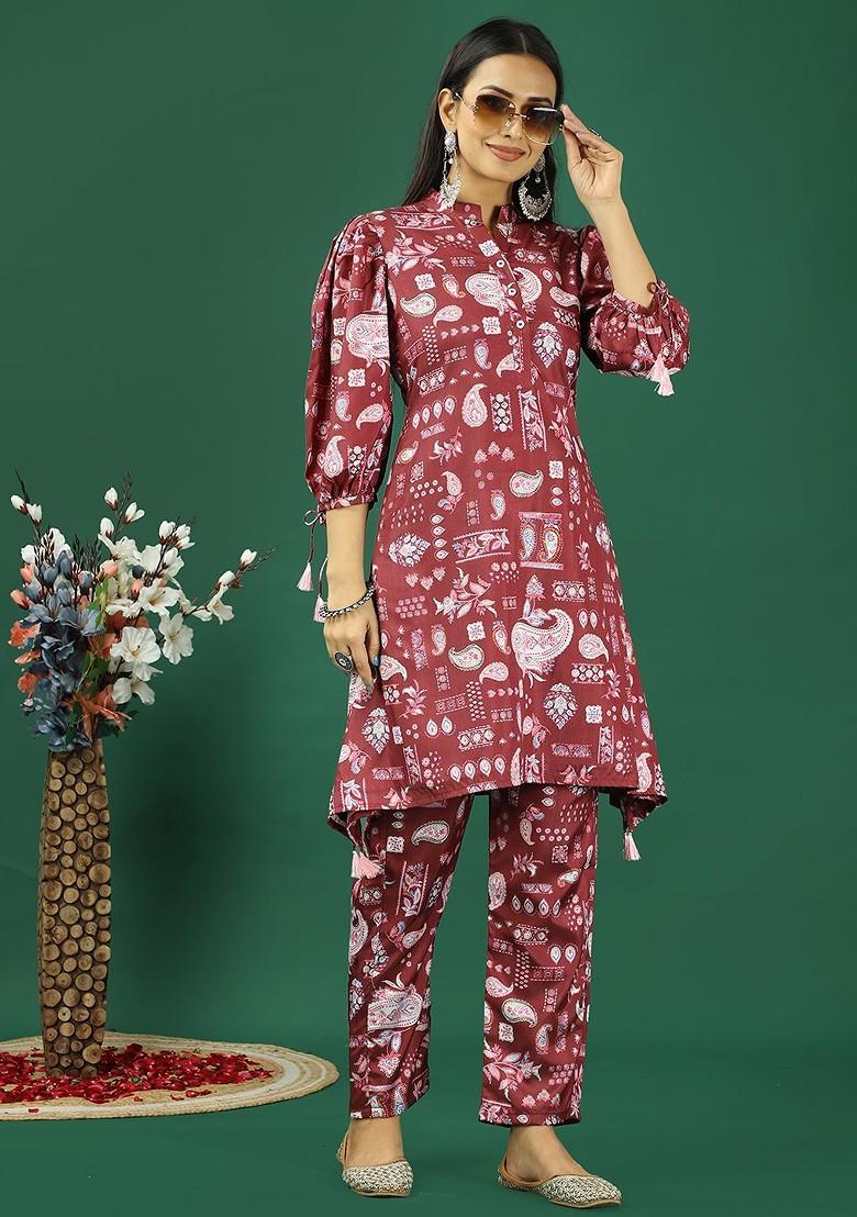 Maroon Printed Poly Blend Co-Ord Set