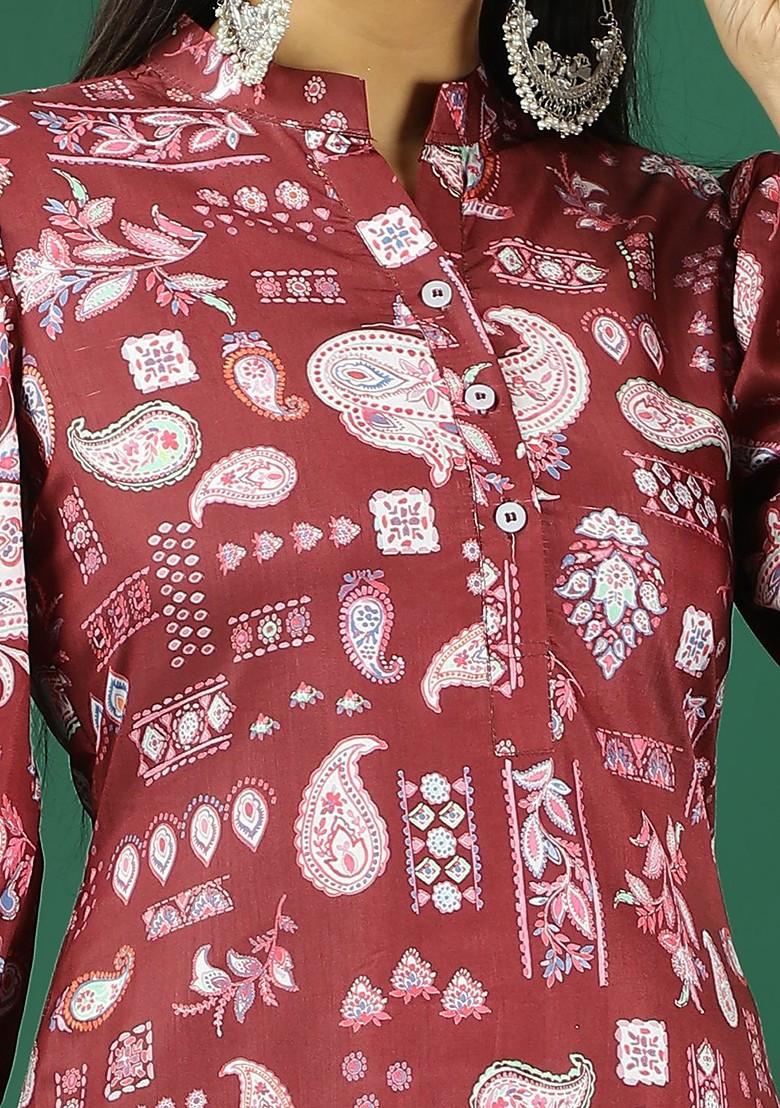 Maroon Printed Poly Blend Co-Ord Set