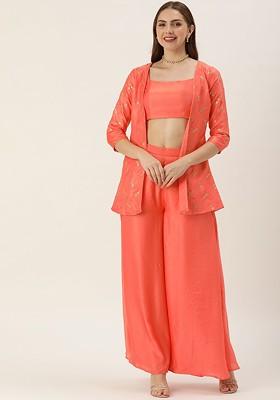 Peach Solid Poly Blend Co-Ord Set