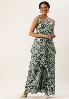 Teal Printed Poly Blend Co-Ord Set