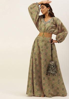 Green Printed Poly Blend Skirt Set