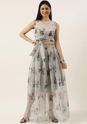 Grey Floral Print Organza Co-Ord Set