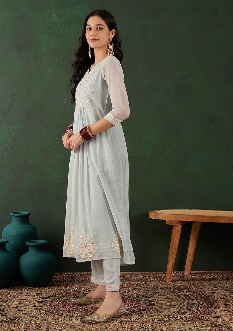 Sky Blue Zari Embroidered Georgette Kurta Set