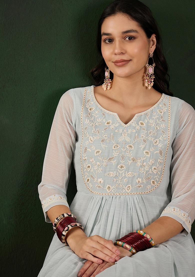 Sky Blue Zari Embroidered Georgette Kurta Set