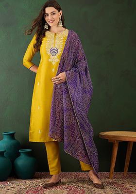 Mustard Zari Embroidered Vichitra Kurta Set