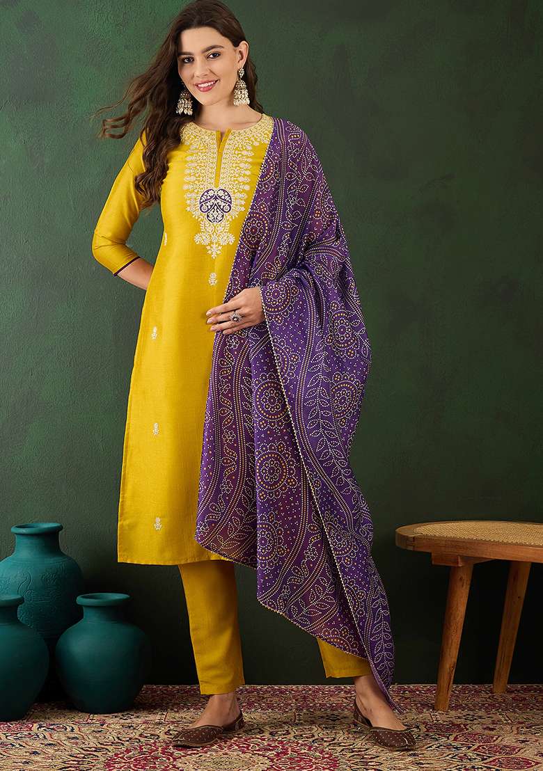 Mustard Embroidered Vichitra Straight Kurta Set - Indya