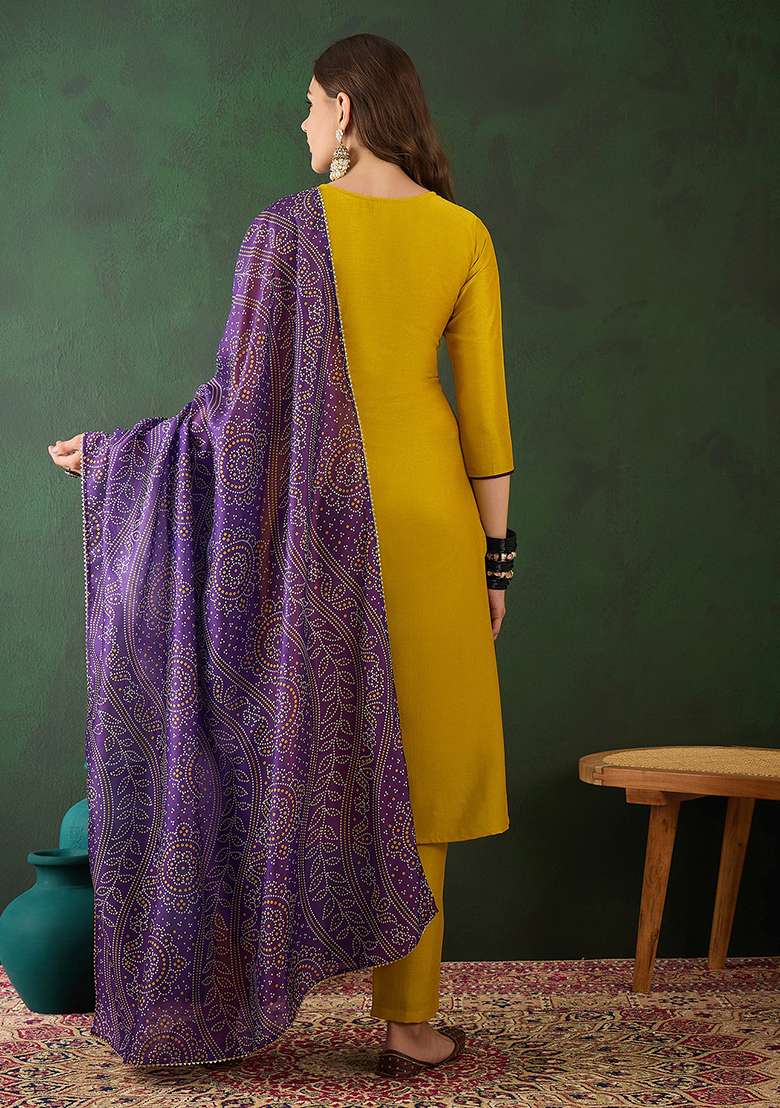 Mustard Embroidered Vichitra Straight Kurta Set - Indya
