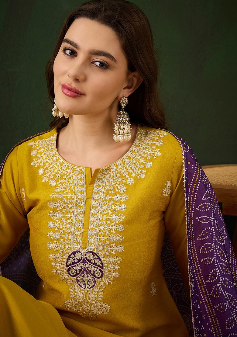 Mustard Zari Embroidered Vichitra Kurta Set