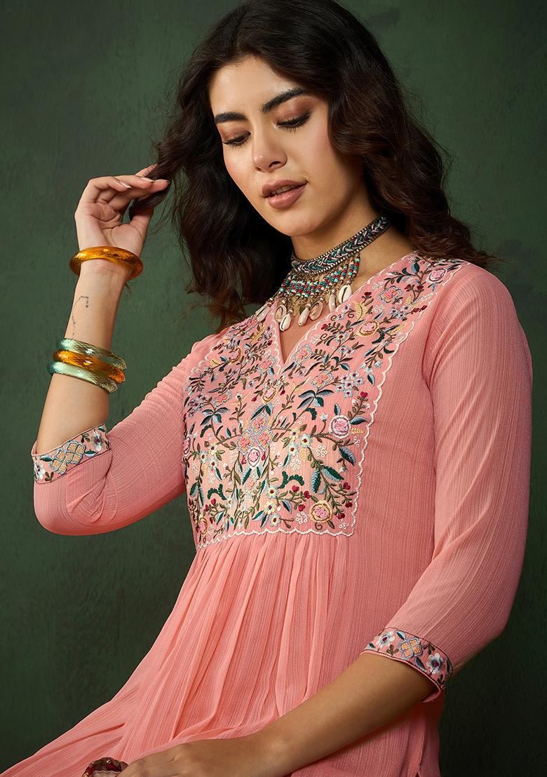 Peach Zari Embroidered Georgette Kurta Pant Set
