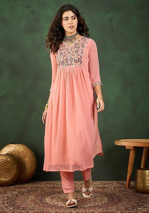 Peach Zari Embroidered Georgette Kurta Pant Set