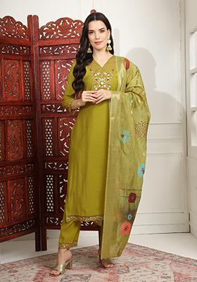 Parrot Green Zari Embroidered Roman Silk Kurta Set
