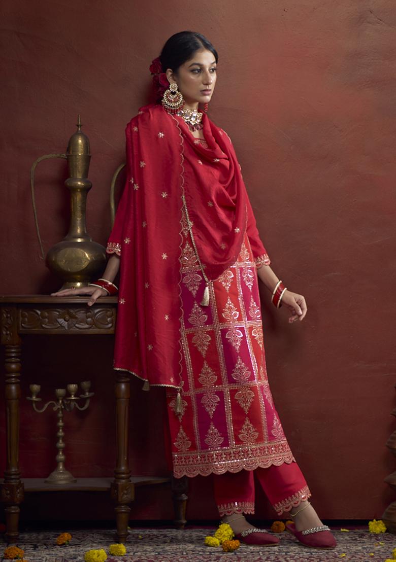 Red Zari Embroidered Silk Kurta Set