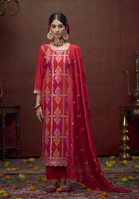 Red Zari Embroidered Silk Kurta Set