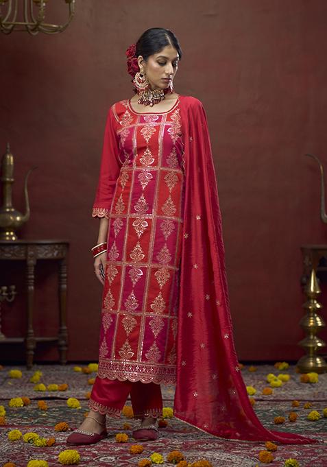 Red Zari Embroidered Silk Kurta Set