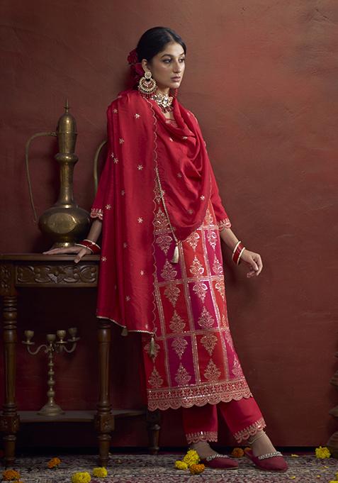 Red Zari Embroidered Silk Kurta Set
